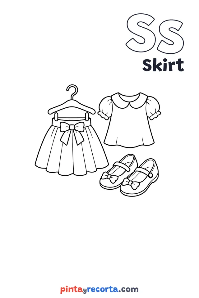 Skirt coloring page with the letter Ss and the word Skirt, easy level