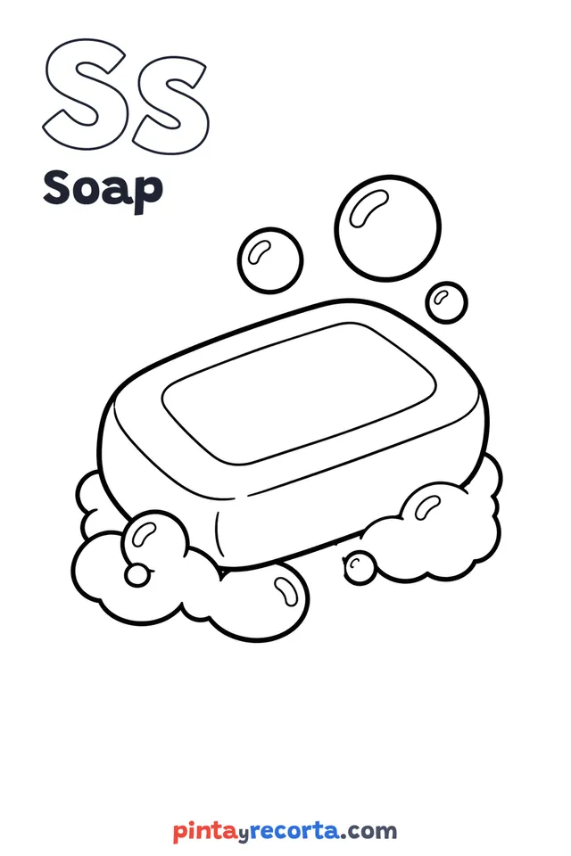 Soap coloring page with the letter Ss and the word Soap, easy level