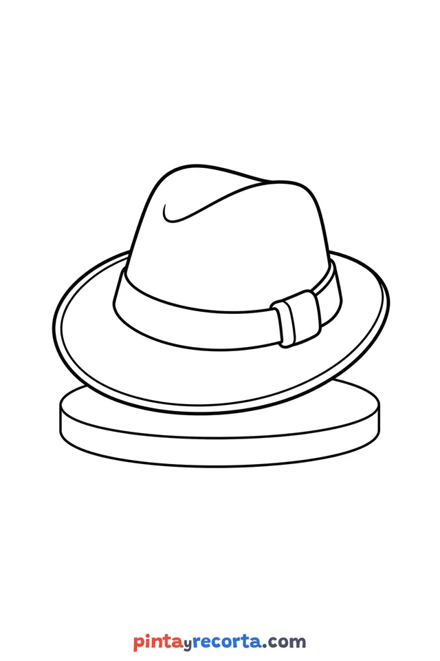 Dibujo de sombrero para colorear de ala con su cinta, nivel básico con trazos gruesos y áreas grandes