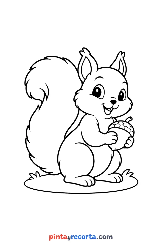 Squirrel coloring page: a sitting squirrel with a fluffy tail holding an acorn, easy level with thick outlines and big spaces