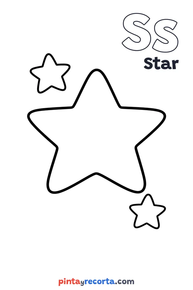 Star coloring page with the letter Ss and the word Star, easy level