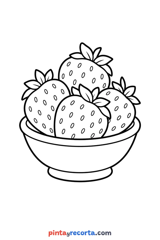 Strawberry coloring page: served on a plate, easy level with thick outlines and big spaces