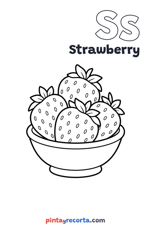 Strawberry coloring page with the letter Ss and the word Strawberry, easy level