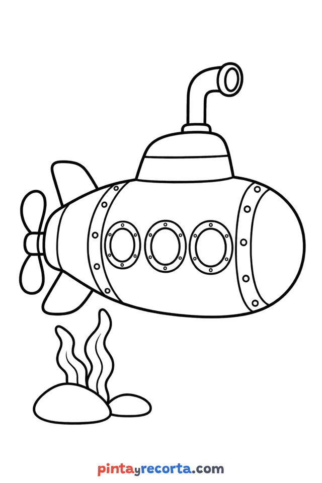 Submarine coloring page: parked and ready to color, easy level with thick outlines and big spaces