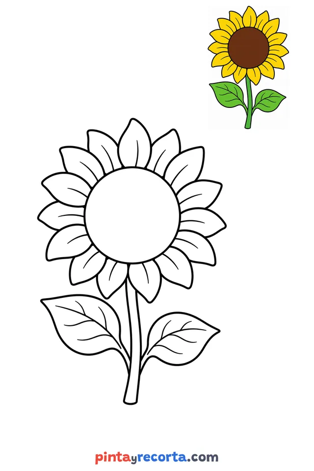 Sunflower coloring page with a small color guide, easy level