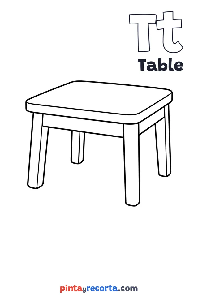 Table coloring page with the letter Tt and the word Table, easy level