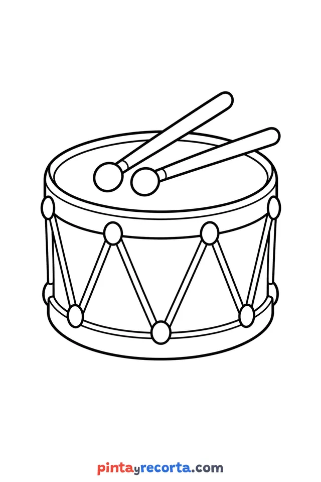 Dibujo de tambor para colorear con sus dos baquetas, nivel básico con trazos gruesos y áreas grandes