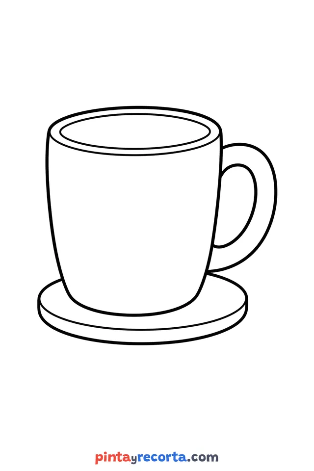 Dibujo de taza para colorear sobre su platito, nivel básico con trazos gruesos y áreas grandes