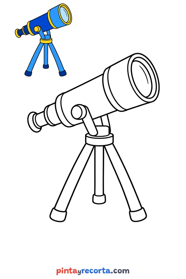 Telescope coloring page with a small color guide, easy level