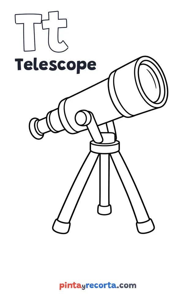 Telescope coloring page with the letter Tt and the word Telescope, easy level