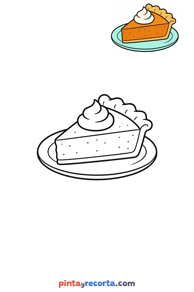 Pumpkin pie coloring page with a small color guide, easy level