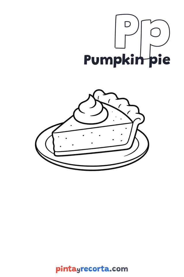 Pumpkin pie coloring page with the letter Pp and the word Pumpkin pie, easy level