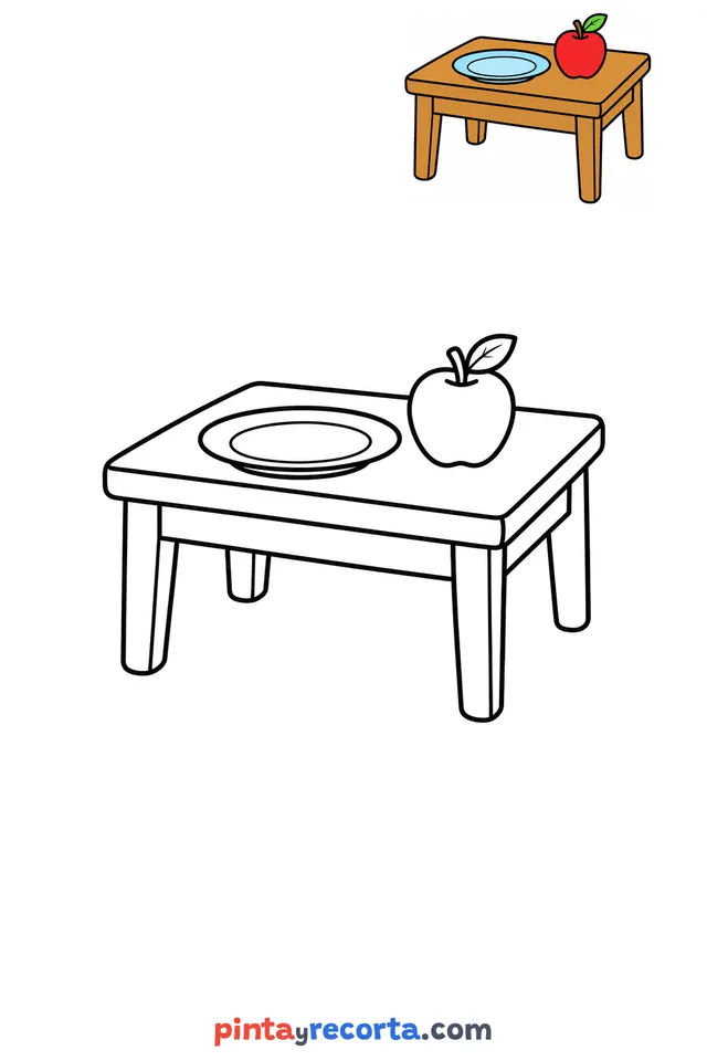 Table coloring page with a small color guide, easy level