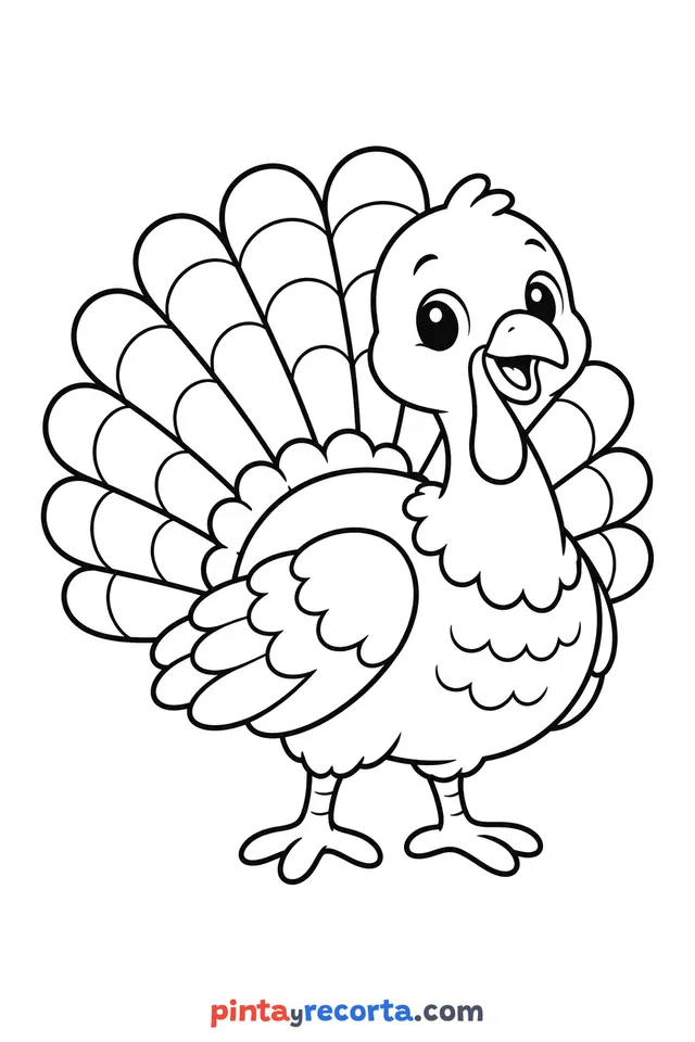 Thanksgiving turkey coloring page, easy level with thick outlines and big spaces
