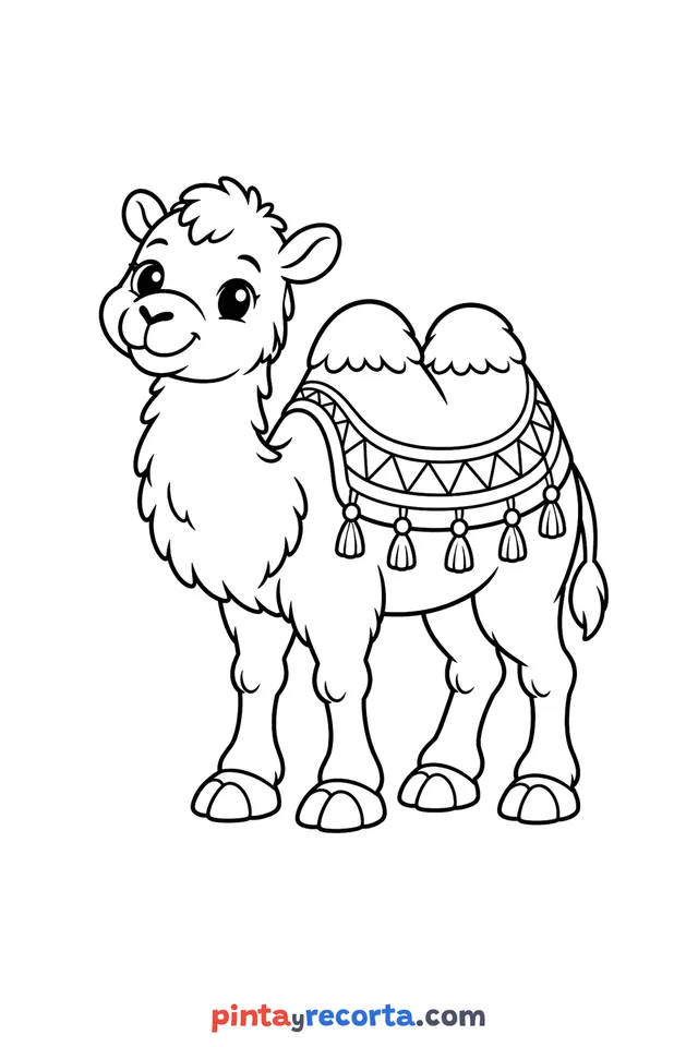 Three Kings Day camel coloring page, easy level with thick outlines and big spaces