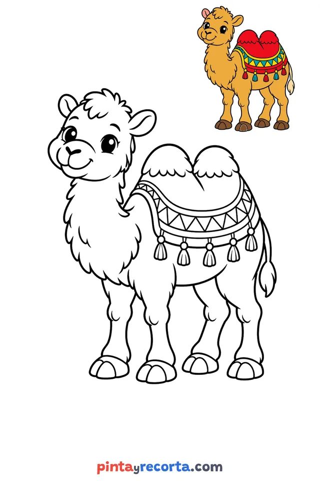 Camel coloring page with a small color guide, easy level