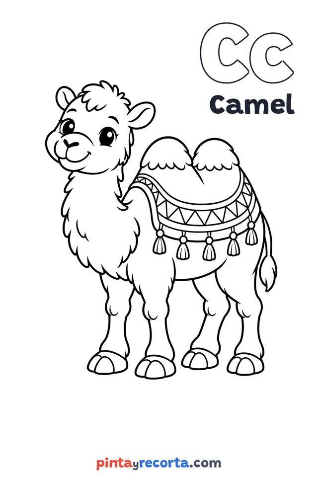 Camel coloring page with the letter Cc and the word Camel, easy level