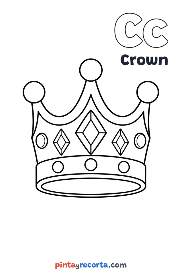 Crown coloring page with the letter Cc and the word Crown, easy level