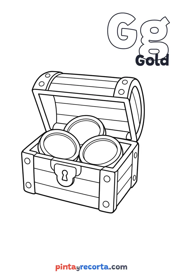 Gold coloring page with the letter Gg and the word Gold, easy level