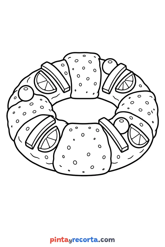 Three Kings Day king cake coloring page, easy level with thick outlines and big spaces
