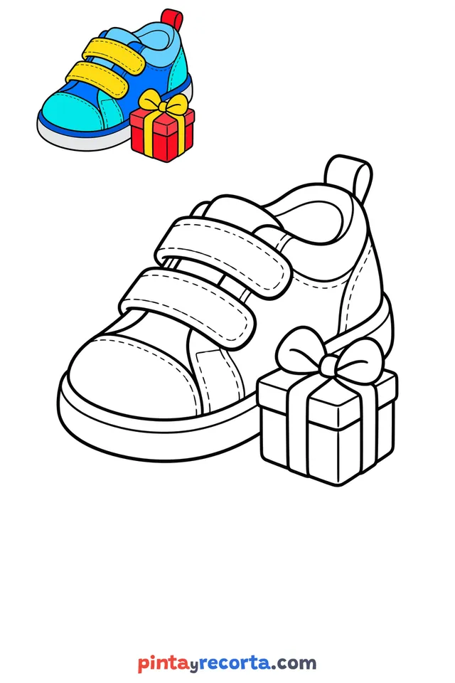 Shoe coloring page with a small color guide, easy level
