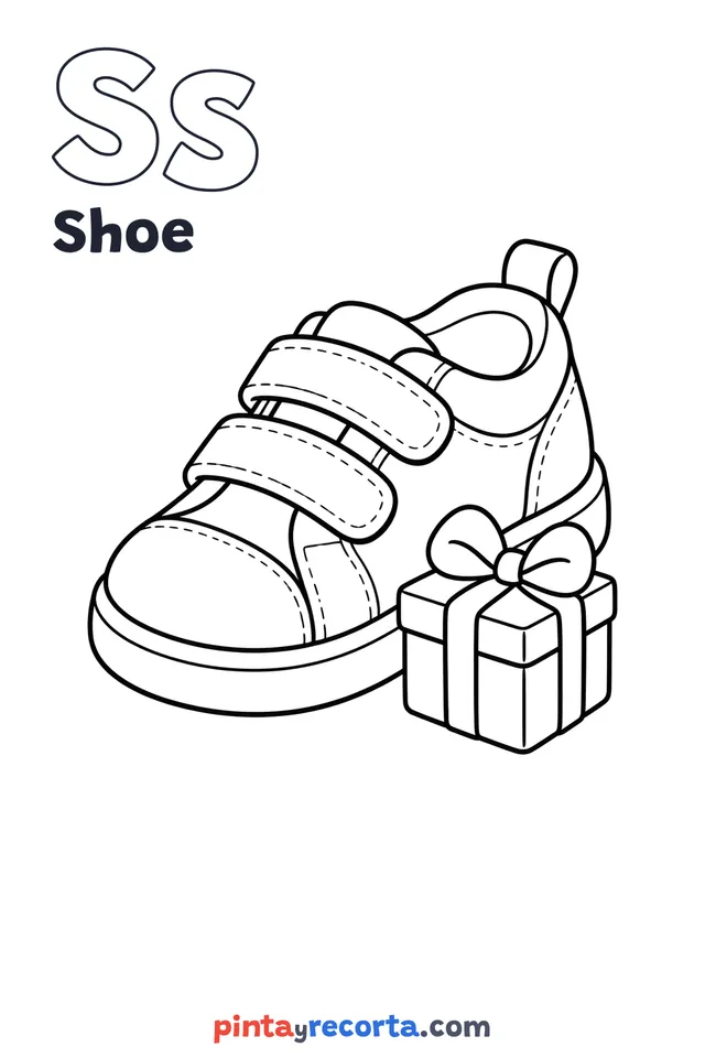Shoe coloring page with the letter Ss and the word Shoe, easy level
