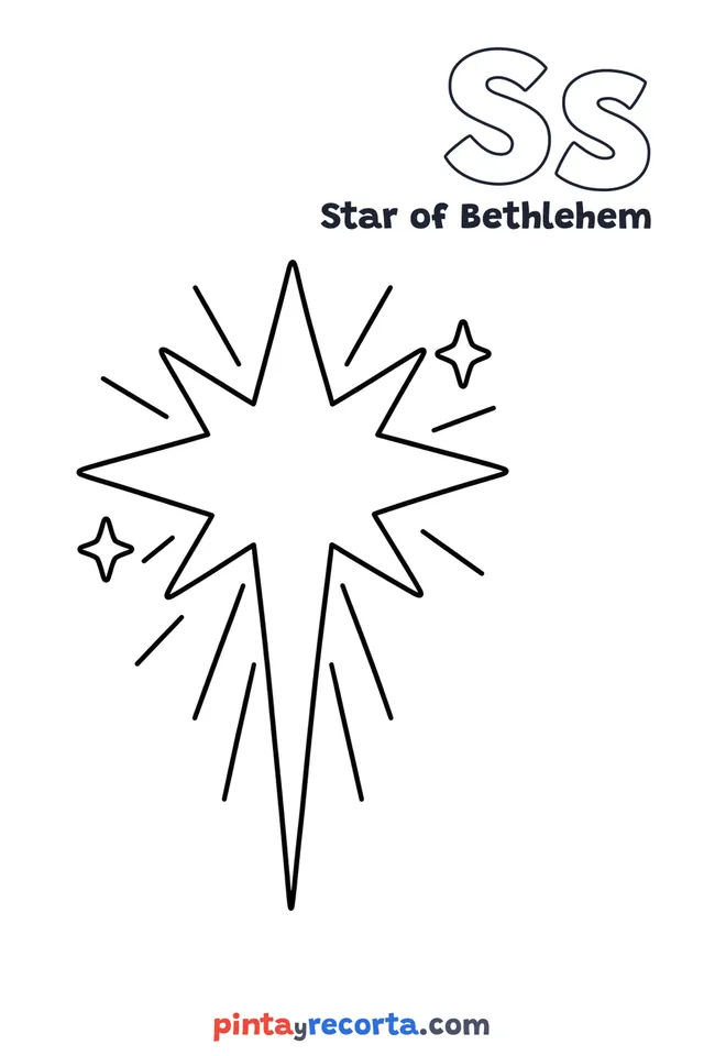 Star of Bethlehem coloring page with the letter Ss and the word Star of Bethlehem, easy level
