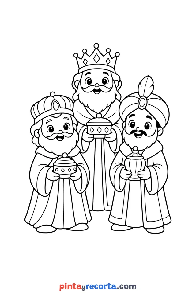 Three Kings Day three wise men coloring page, easy level with thick outlines and big spaces