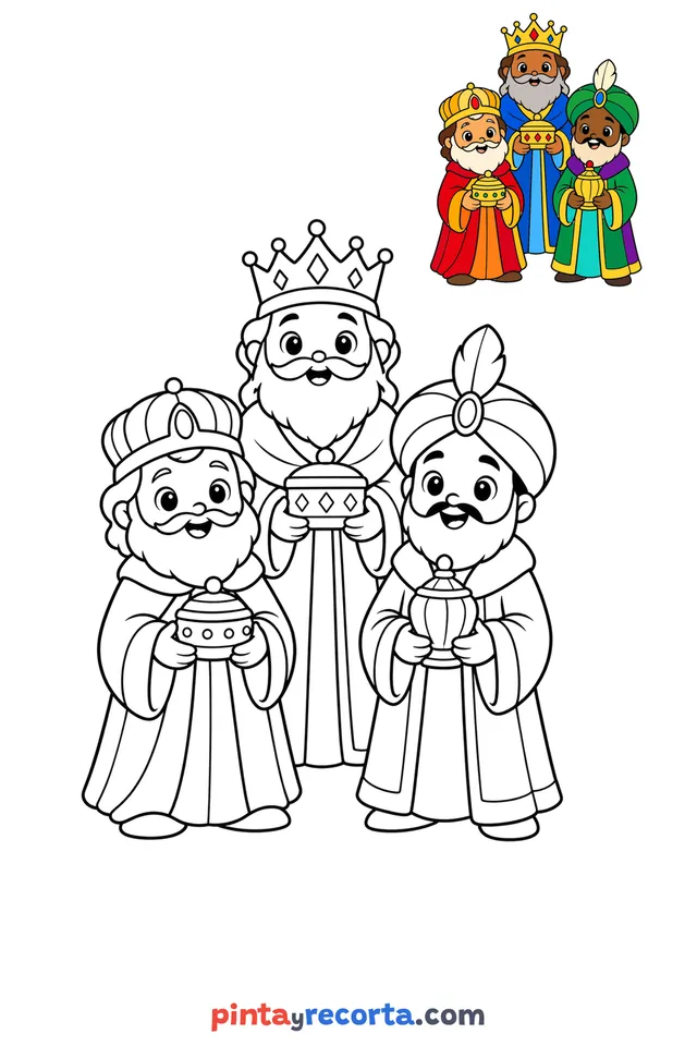 Three Wise Men coloring page with a small color guide, easy level