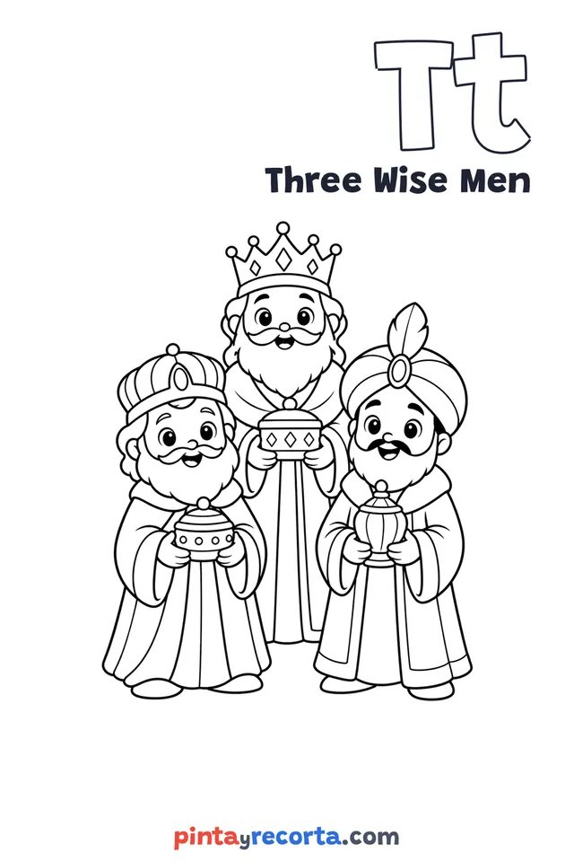 Three Wise Men coloring page with the letter Tt and the word Three Wise Men, easy level