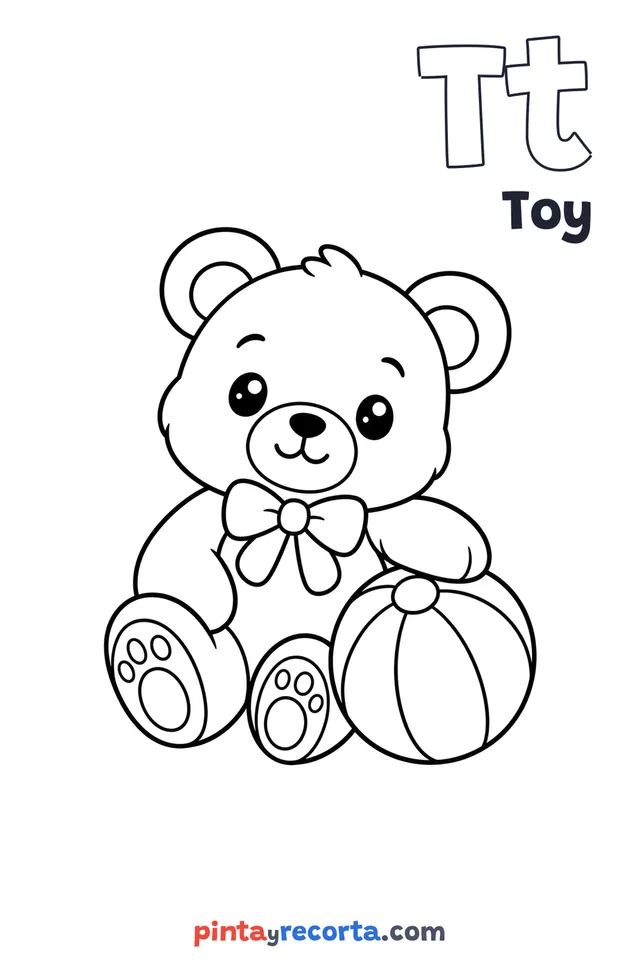 Toy coloring page with the letter Tt and the word Toy, easy level