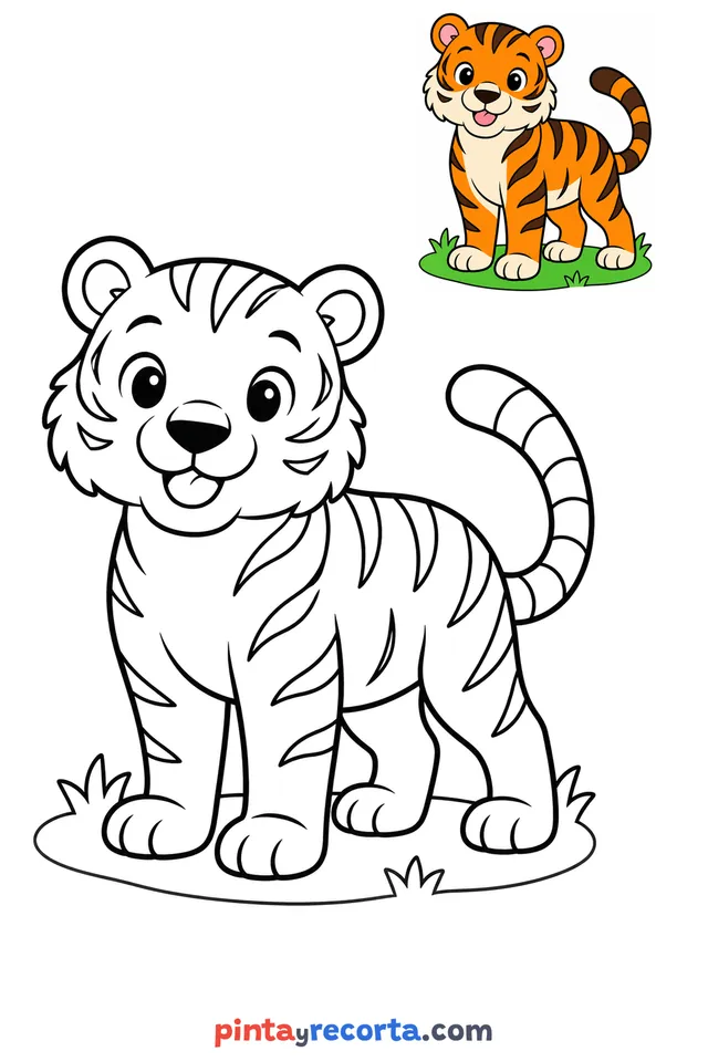 Tiger coloring page with a small color guide, easy level
