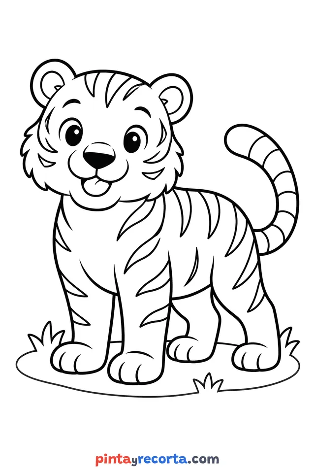 Dibujo de tigre para colorear de cuerpo completo en pose tranquila, nivel básico con trazos gruesos y áreas grandes