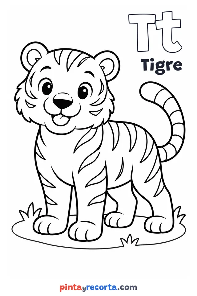 Dibujo de tigre para colorear con la letra Tt y la palabra Tigre, nivel básico