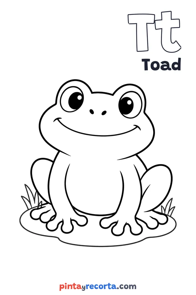 Toad coloring page with the letter Tt and the word Toad, easy level