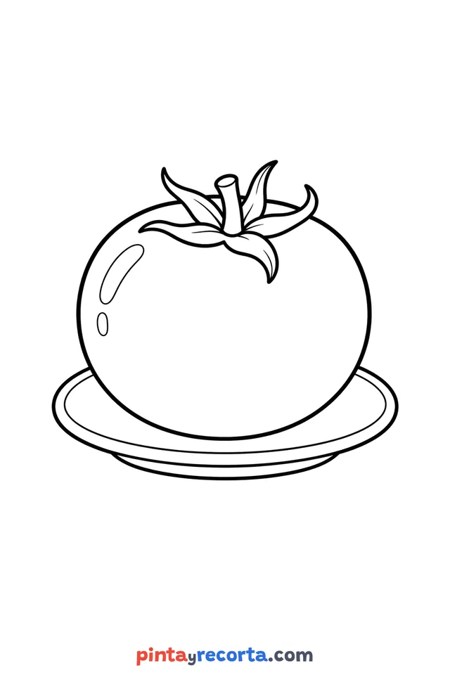 Tomato coloring page: on a plate, easy level with thick outlines and big spaces