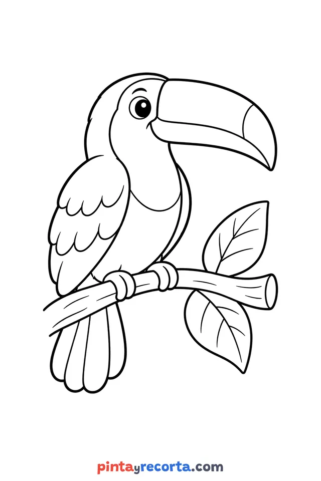 Toucan coloring page: perched on a branch, easy level with thick outlines and big spaces