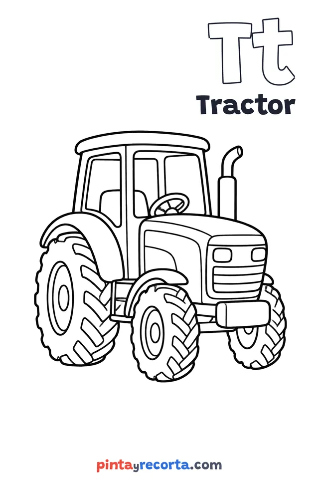 Dibujo de tractor para colorear con la letra Tt y la palabra Tractor, nivel básico