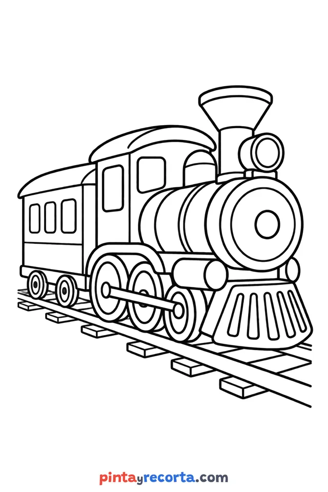 Train coloring page: parked and ready to color, easy level with thick outlines and big spaces