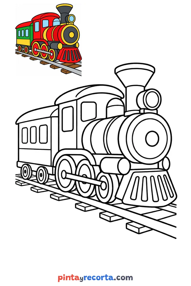 Train coloring page with a small color guide, easy level