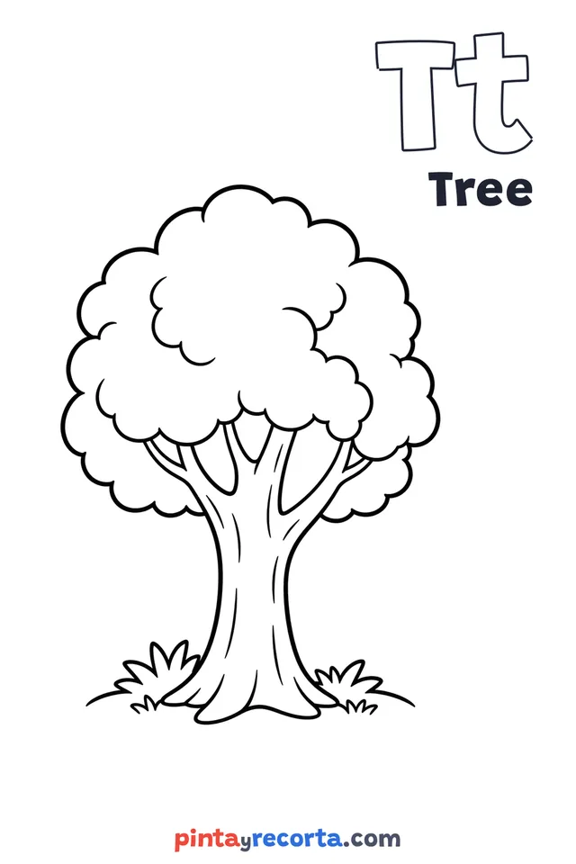 Tree coloring page with the letter Tt and the word Tree, easy level