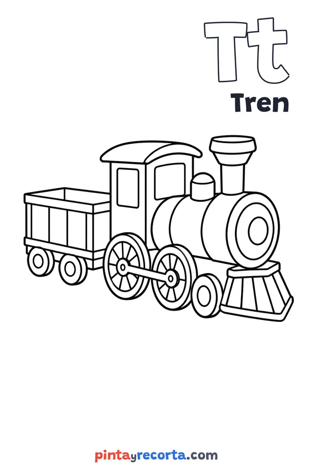 Dibujo de tren para colorear con la letra Tt y la palabra Tren, nivel básico