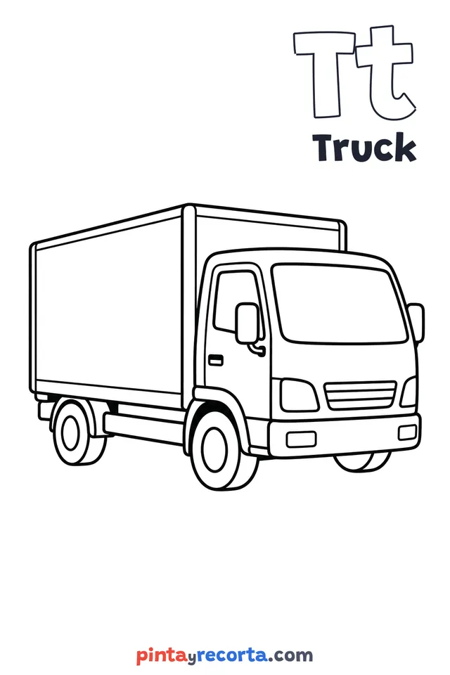 Truck coloring page with the letter Tt and the word Truck, easy level