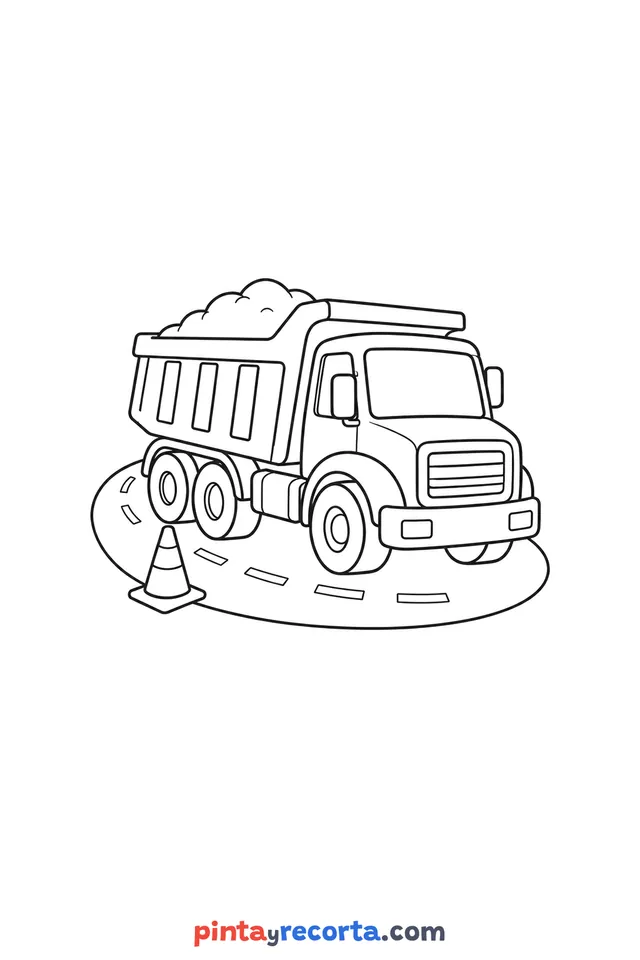Truck coloring page: dump truck on the road next to a traffic cone, easy level with thick outlines and big spaces