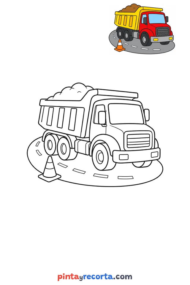 Truck coloring page with a small color guide, easy level