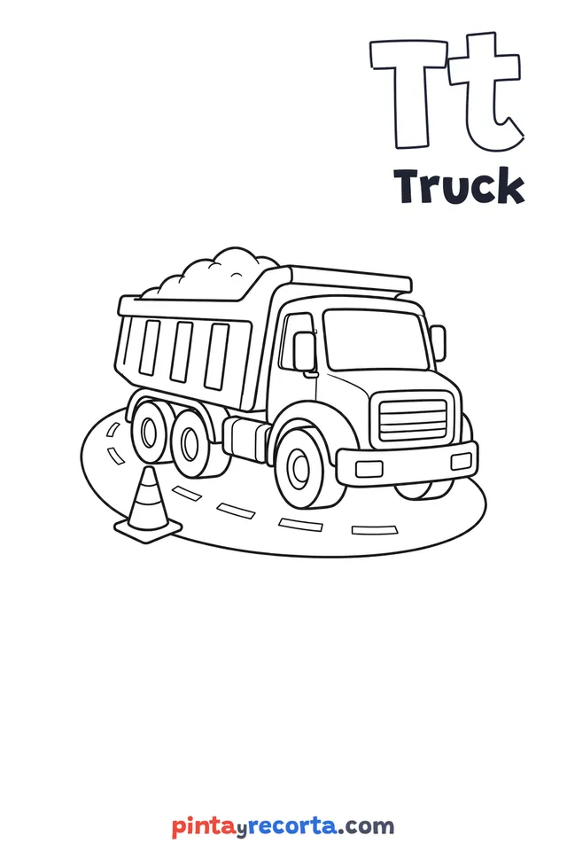 Truck coloring page with the letter Tt and the word Truck, easy level