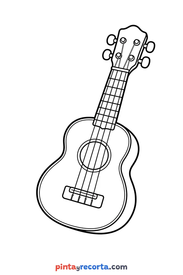 Dibujo de ukelele para colorear con sus cuatro cuerdas, nivel básico con trazos gruesos y áreas grandes