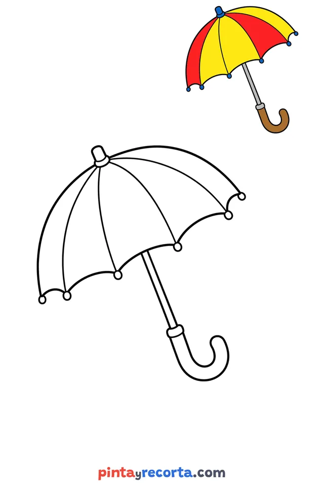 Umbrella coloring page with a small color guide, easy level