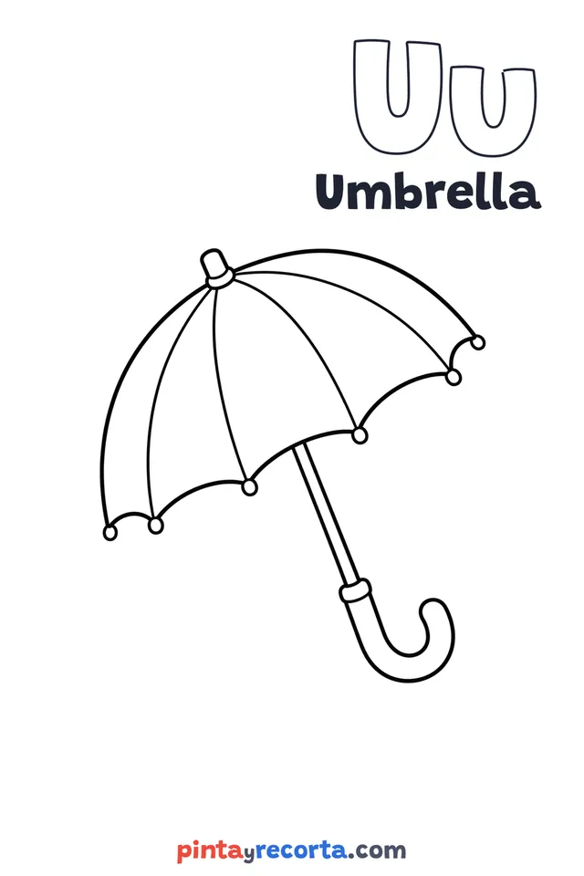 Umbrella coloring page with the letter Uu and the word Umbrella, easy level