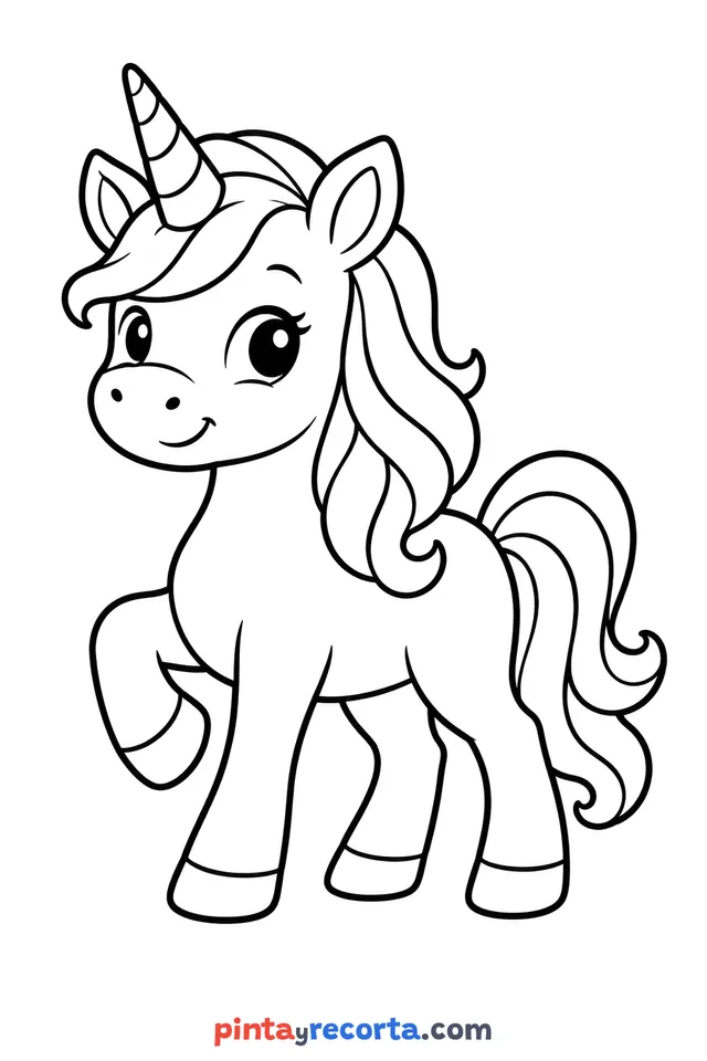 Unicorn coloring page: in a friendly pose, easy level with thick outlines and big spaces